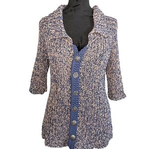 Women's Knit Whimsical Short Sleeve Cardigan Silver Embossed Buttons Blue SZ S
